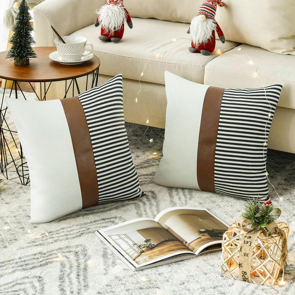 20X20 Pillow Covers Set of 2 Farmhouse Decor Stripe Patchwork Linen Throw Pillow Covers Modern Faux Leather Covers for Couch Sofa,Black - HYDE Ltd.
