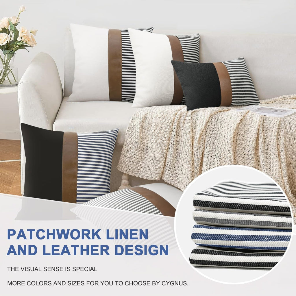 20X20 Pillow Covers Set of 2 Farmhouse Decor Stripe Patchwork Linen Throw Pillow Covers Modern Faux Leather Covers for Couch Sofa,Black - HYDE Ltd.