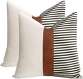 20X20 Pillow Covers Set of 2 Farmhouse Decor Stripe Patchwork Linen Throw Pillow Covers Modern Faux Leather Covers for Couch Sofa,Black - HYDE Ltd.
