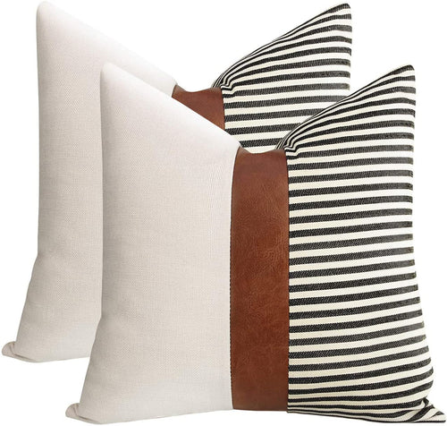20X20 Pillow Covers Set of 2 Farmhouse Decor Stripe Patchwork Linen Throw Pillow Covers Modern Faux Leather Covers for Couch Sofa,Black - HYDE Ltd.