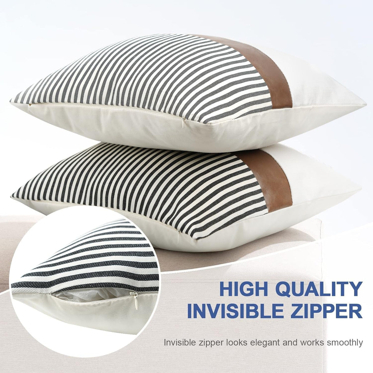 20X20 Pillow Covers Set of 2 Farmhouse Decor Stripe Patchwork Linen Throw Pillow Covers Modern Faux Leather Covers for Couch Sofa,Black - HYDE Ltd.
