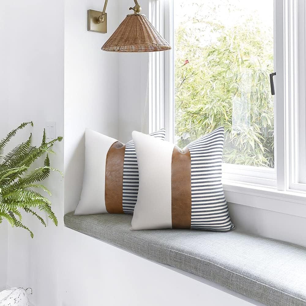 20X20 Pillow Covers Set of 2 Farmhouse Decor Stripe Patchwork Linen Throw Pillow Covers Modern Faux Leather Covers for Couch Sofa,Black - HYDE Ltd.