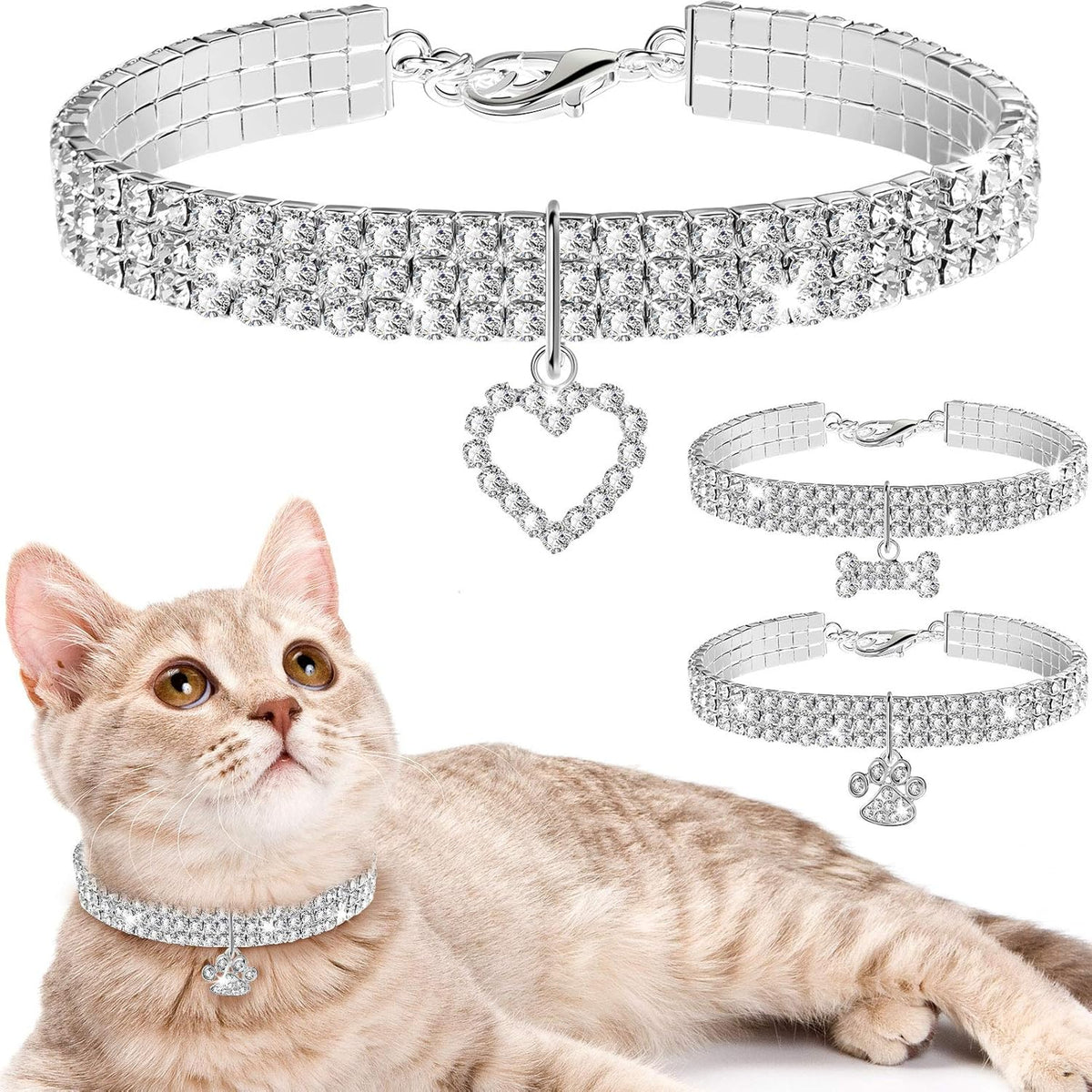3 Pieces Bling Rhinestones Pet Collars with Glitter Pendant - HYDE Ltd.