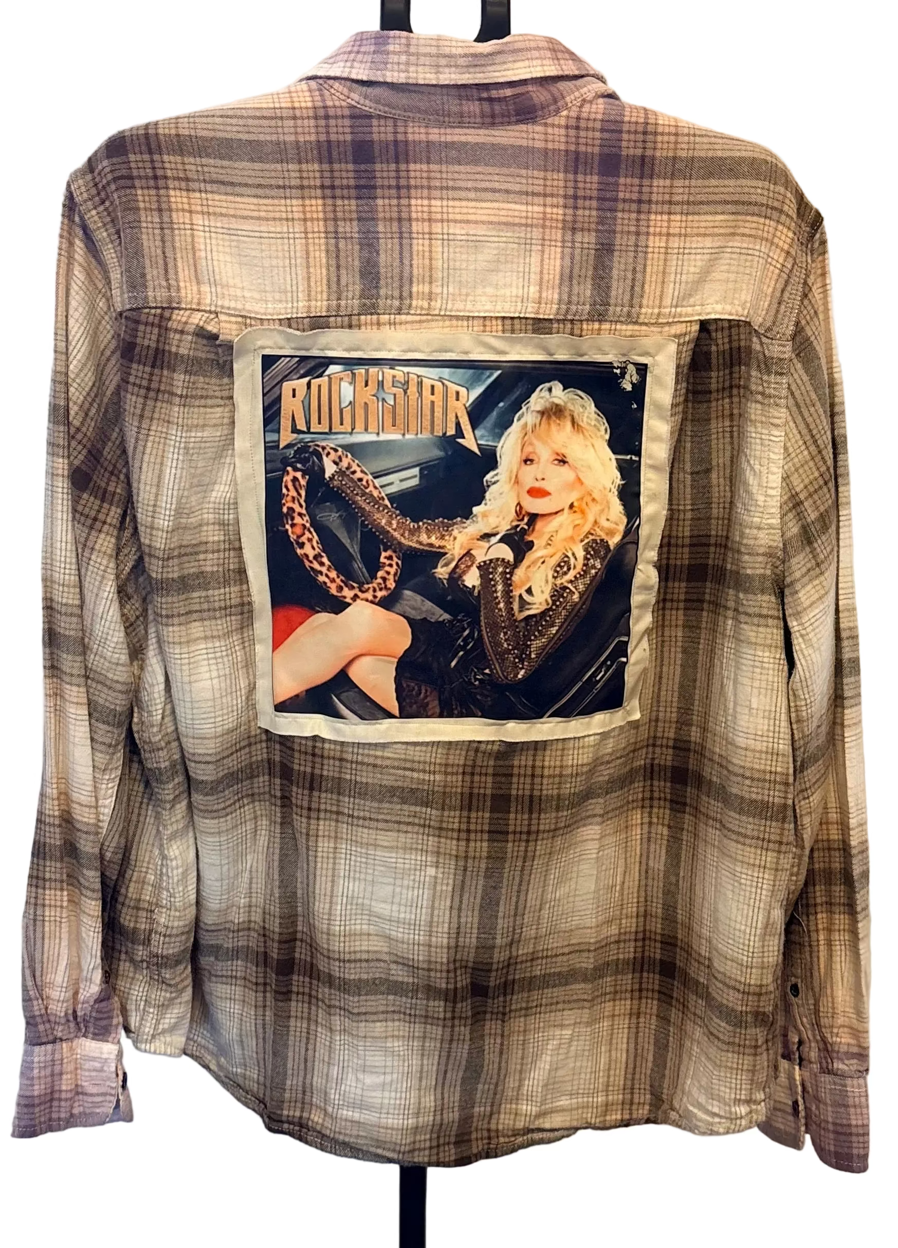 Dolly Parton “Rockstar” Distressed Flannel one of a kind, Inquire for other sizes and flannel colors