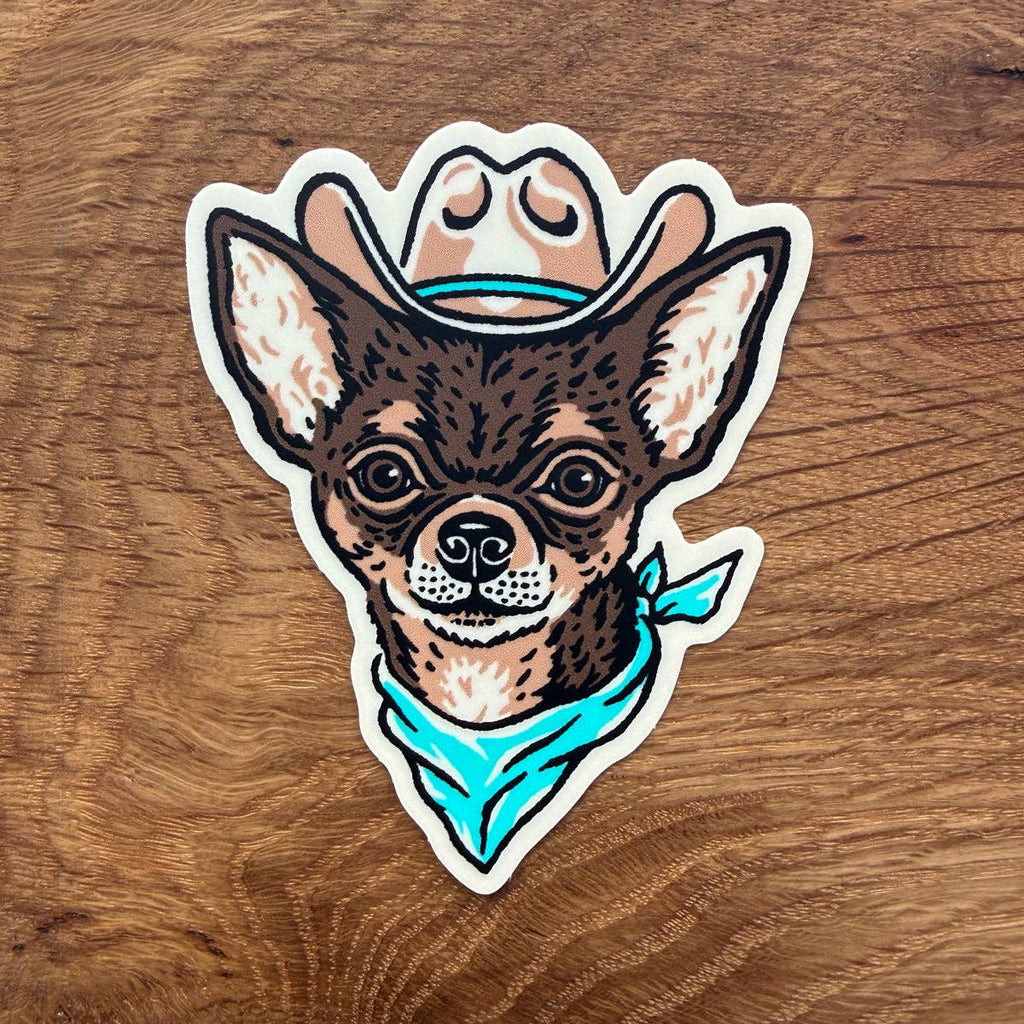 Brown Chihuahua Cowdog - 3 Inch Matte Vinyl Cowboy Dog Sticker - HYDE