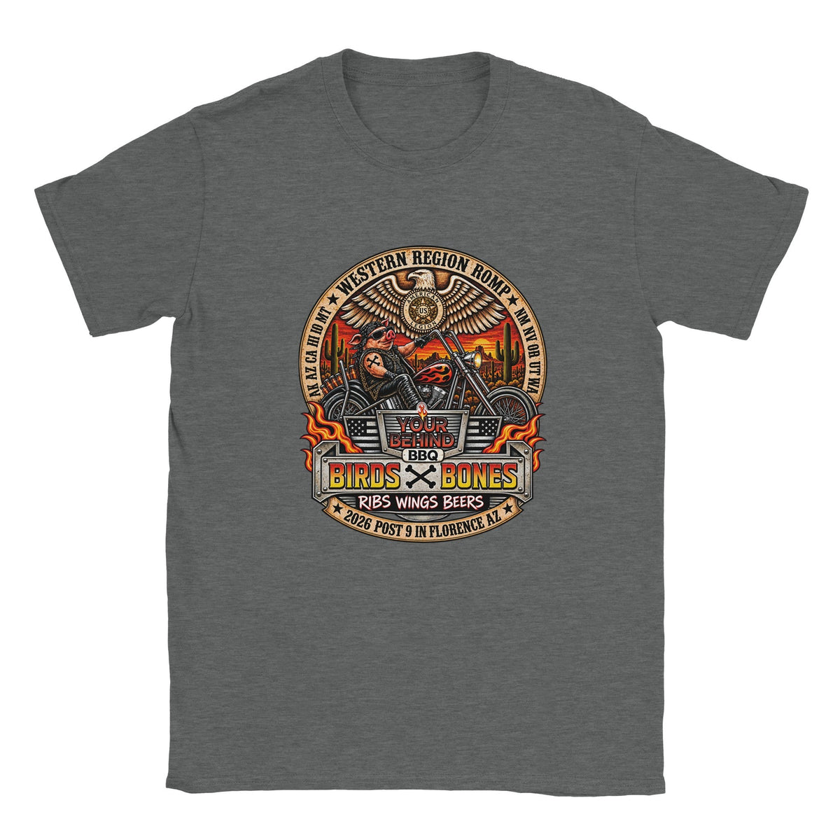 Your Behind BBQ/AL Romp 2026 Biker Pig Tee in Your Choice of Four Desert Hues - HYDE