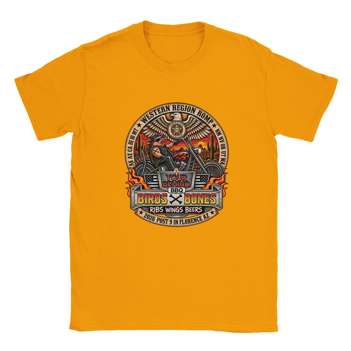 Your Behind BBQ/AL Romp 2026 Biker Pig Tee in Your Choice of Four Desert Hues - HYDE