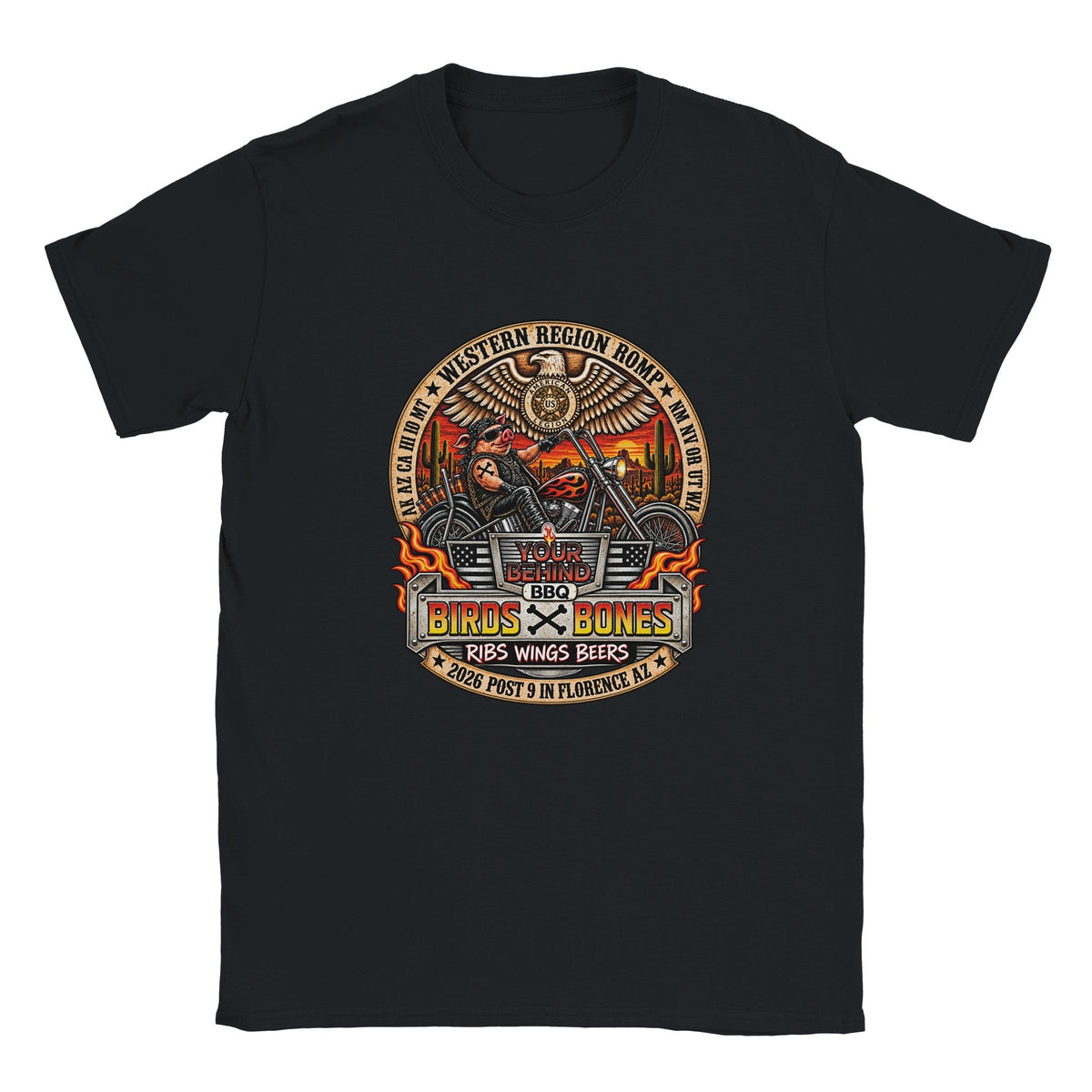 Your Behind BBQ/AL Romp 2026 Biker Pig Tee in Your Choice of Four Desert Hues - HYDE