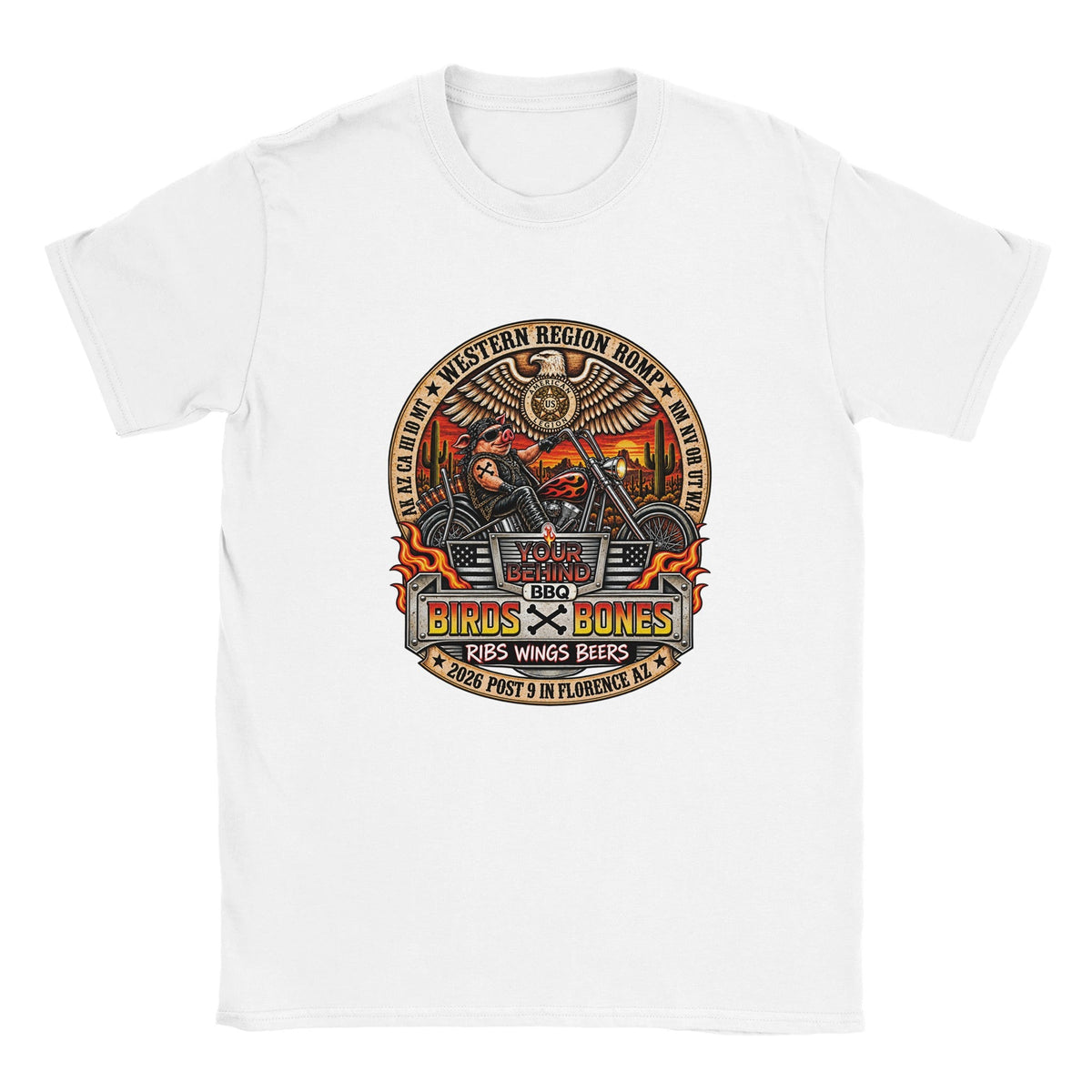 Your Behind BBQ/AL Romp 2026 Biker Pig Tee in Your Choice of Four Desert Hues - HYDE