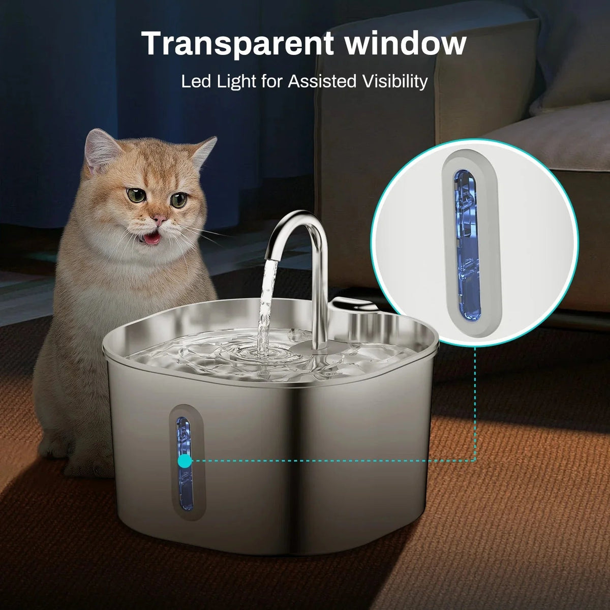 Zyfeeder 2.2L Automatic Cat or Dog Water Fountain Square, Stainless Fountain with Window（No 5V 1A Plug） - HYDE Ltd.