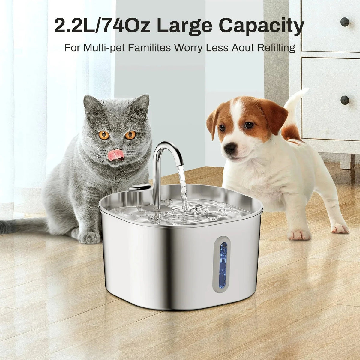 Zyfeeder 2.2L Automatic Cat or Dog Water Fountain Square, Stainless Fountain with Window（No 5V 1A Plug） - HYDE Ltd.